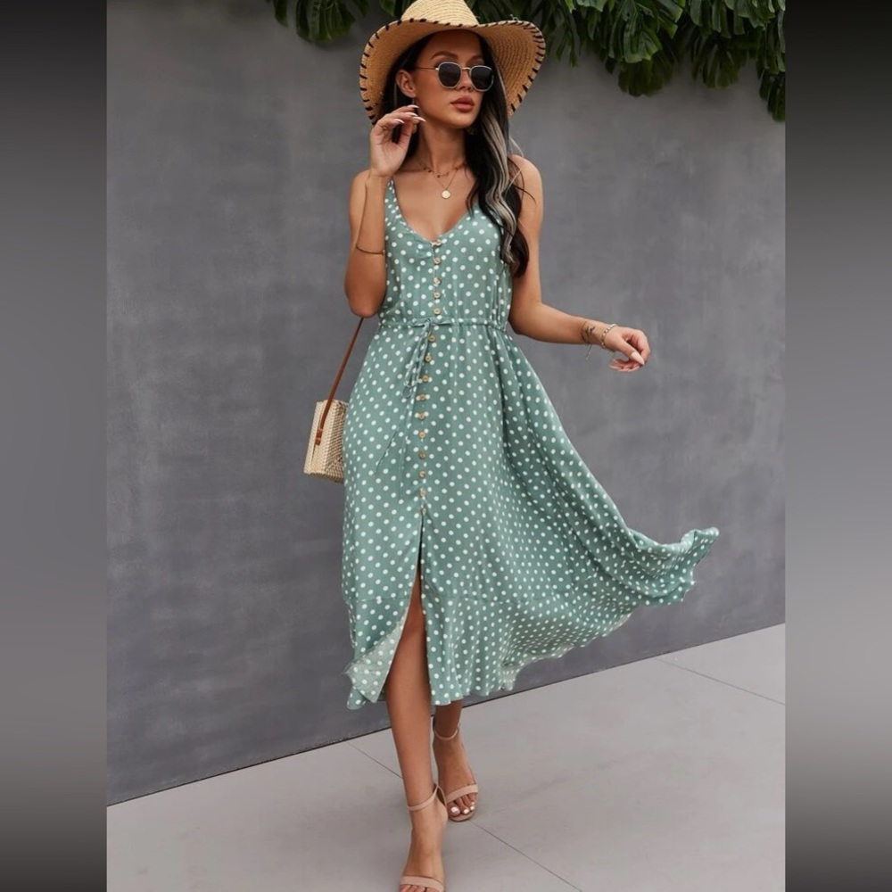 Boho polka dots print button detail drawstring waist cami dress - Picture 9 of 16